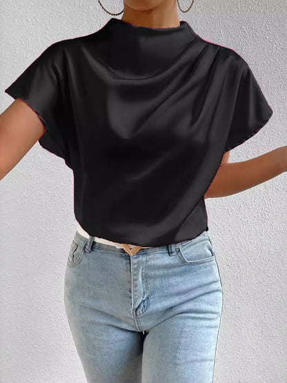 Ruched Mock Neck Short Sleeve Blouse Black