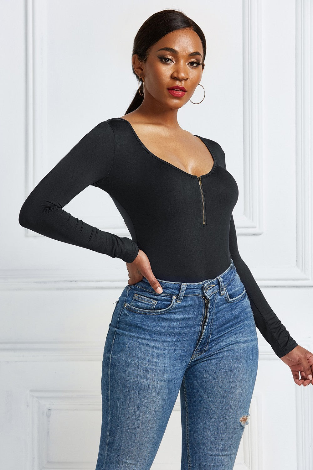 Half Zip Scoop Neck Long Sleeve Bodysuit - Thandynie