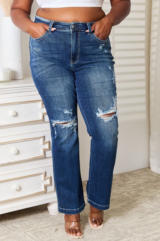 Judy Blue Full Size Mid Rise Hand Sand & Destroy Bootcut Jeans Dark