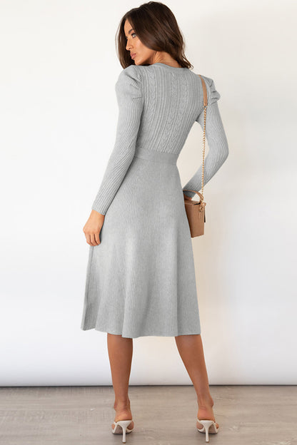 Round Neck Long Sleeve Tie Waist Sweater Dress