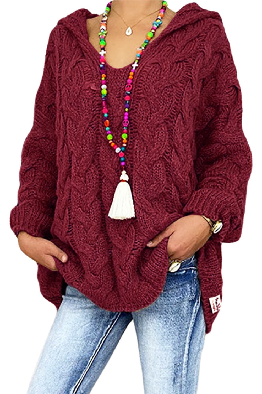 Cable-Knit Hooded Sweater Burgundy