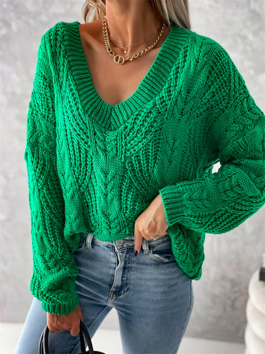 V-Neck Cable-Knit Long Sleeve Sweater Green