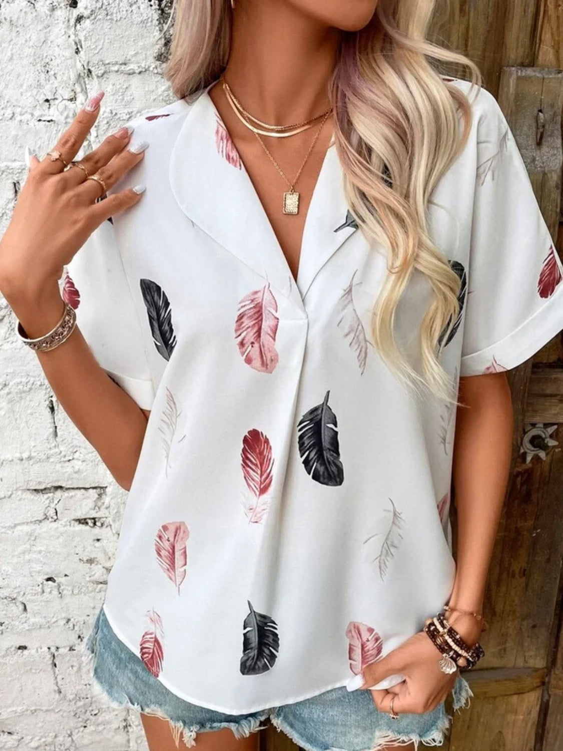 Full Size Printed Collared Neck Short Sleeve Blouse White