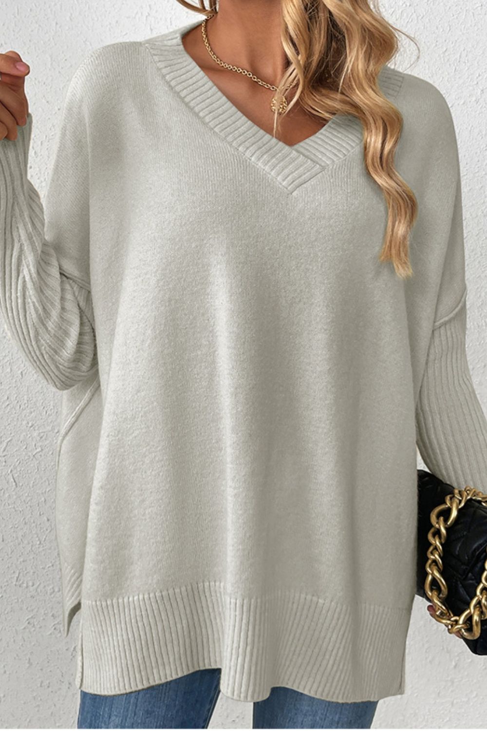 Slit V-Neck Dropped Shoulder Sweater Gray