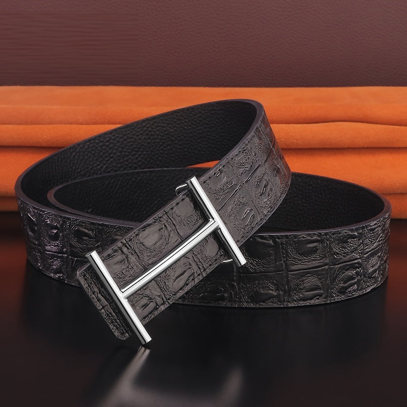 Fashion Pure Copper Buckle Youth Leather Belt Black silver