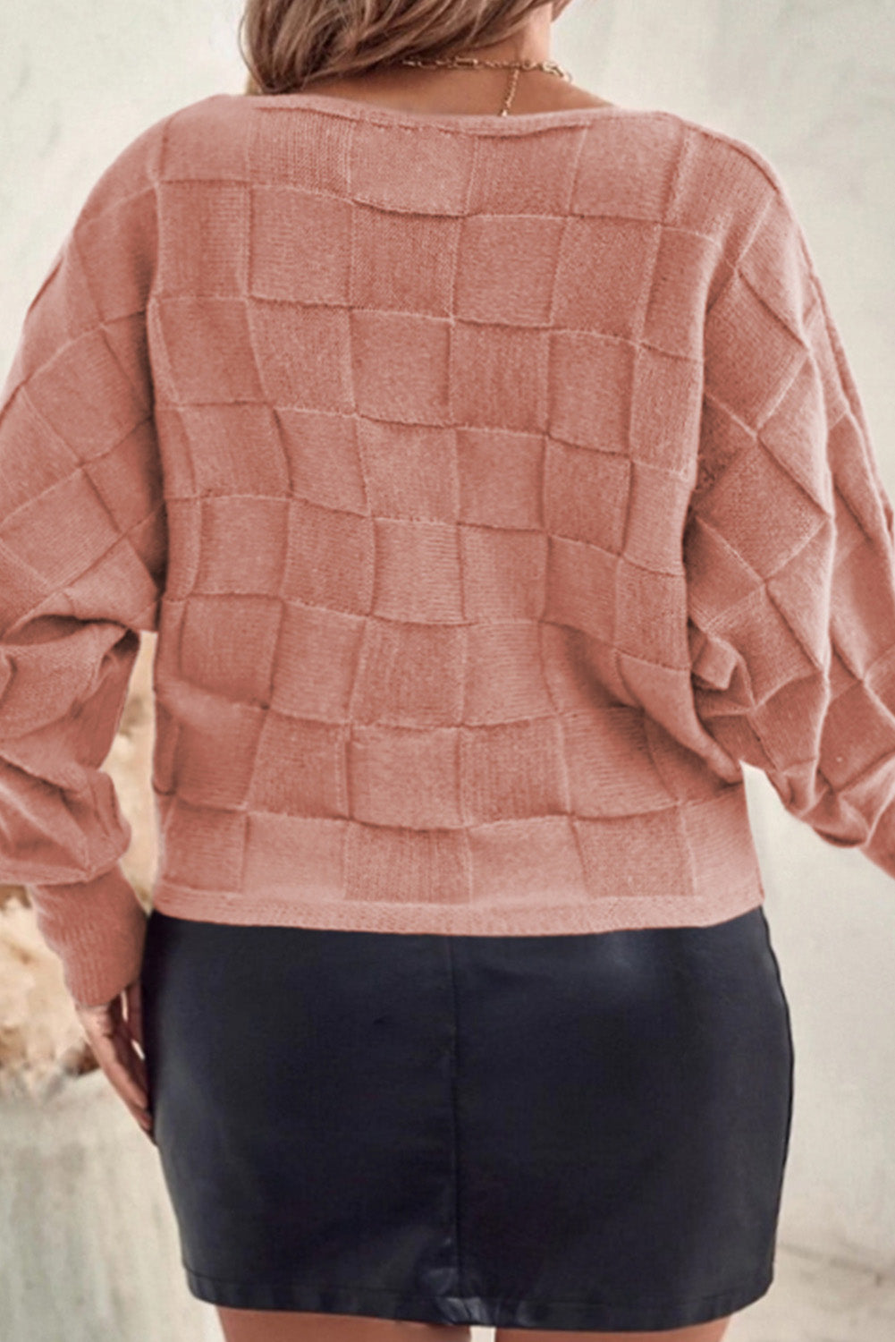 Rose Tan Solid Checkered Textured Knit Plus Size Sweater