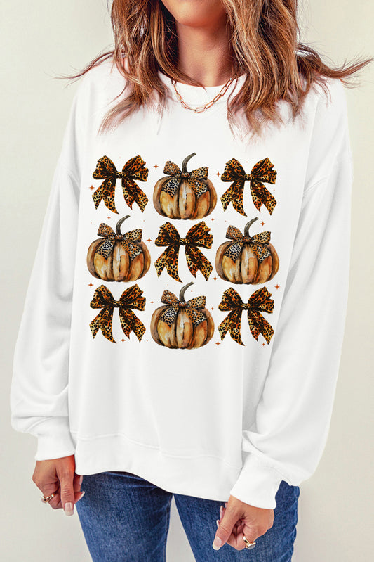 Pumpkin & Bow Graphic Long Sleeve Sweatshirt White