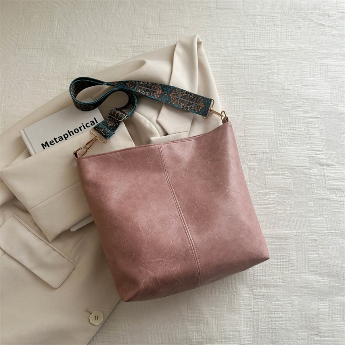 PU Leather Adjustable Strap Shoulder Bag Dusty Pink One Size
