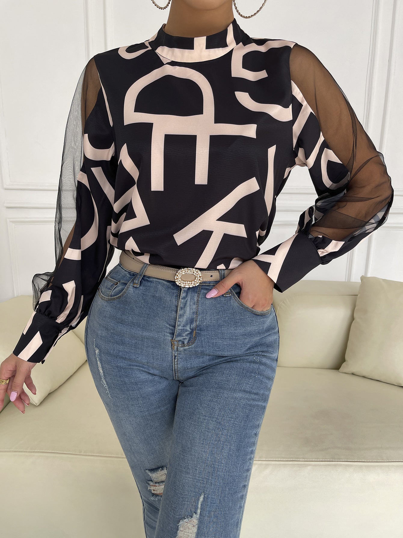 Letter Print Spliced Mesh Sleeve Blouse Black