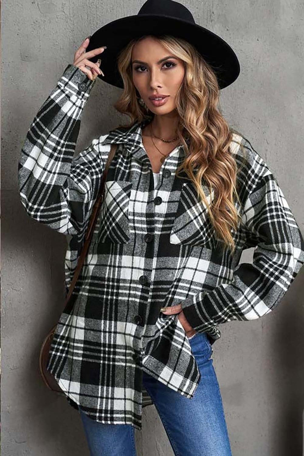 Plaid Collared Neck Button Up Jacket with Pockets - Thandynie