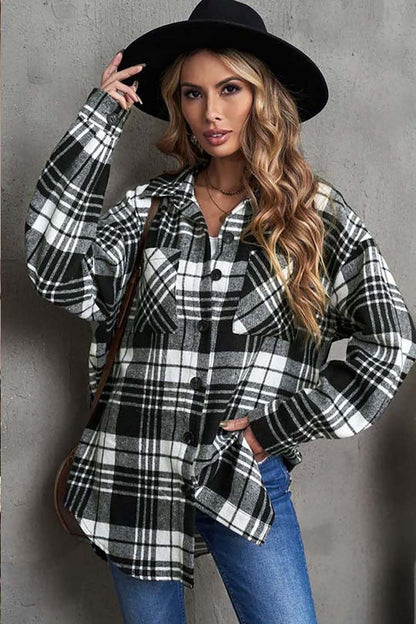 Plaid Collared Neck Button Up Jacket with Pockets Black