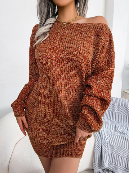 Heathered Boat Neck Lantern Sleeve Sweater Dress Brick L