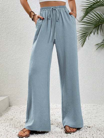 Wide Leg Drawstring Pants Light Blue