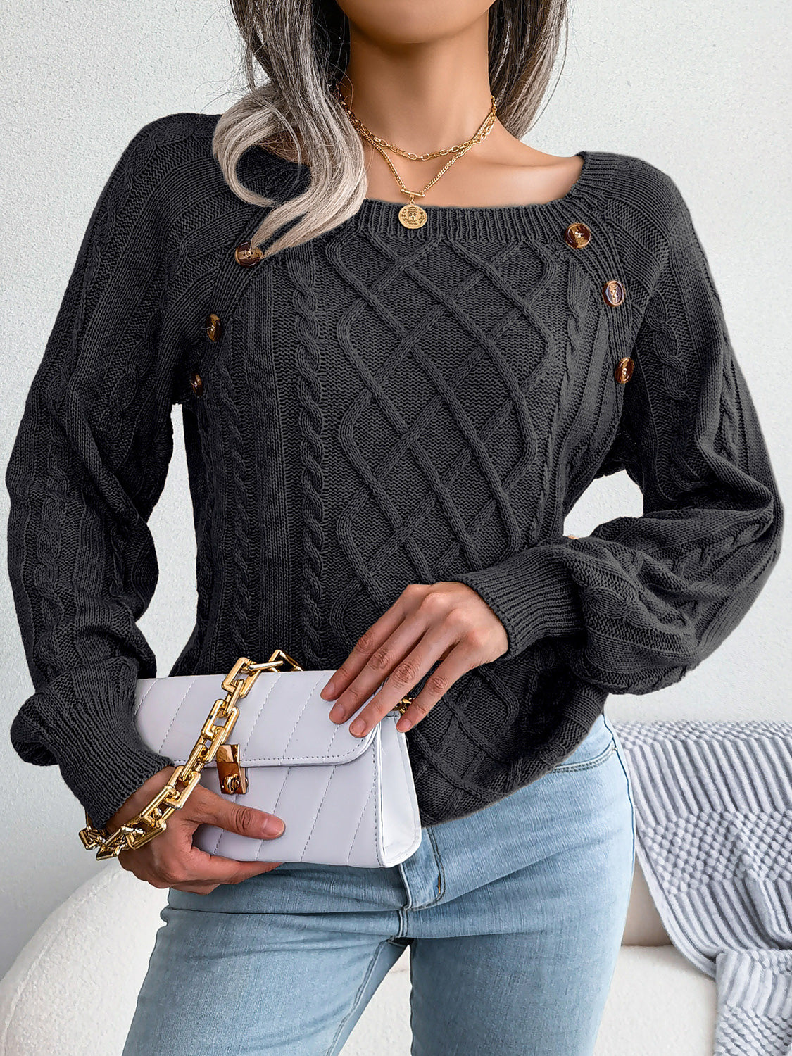 Decorative Button Cable-Knit Sweater Black