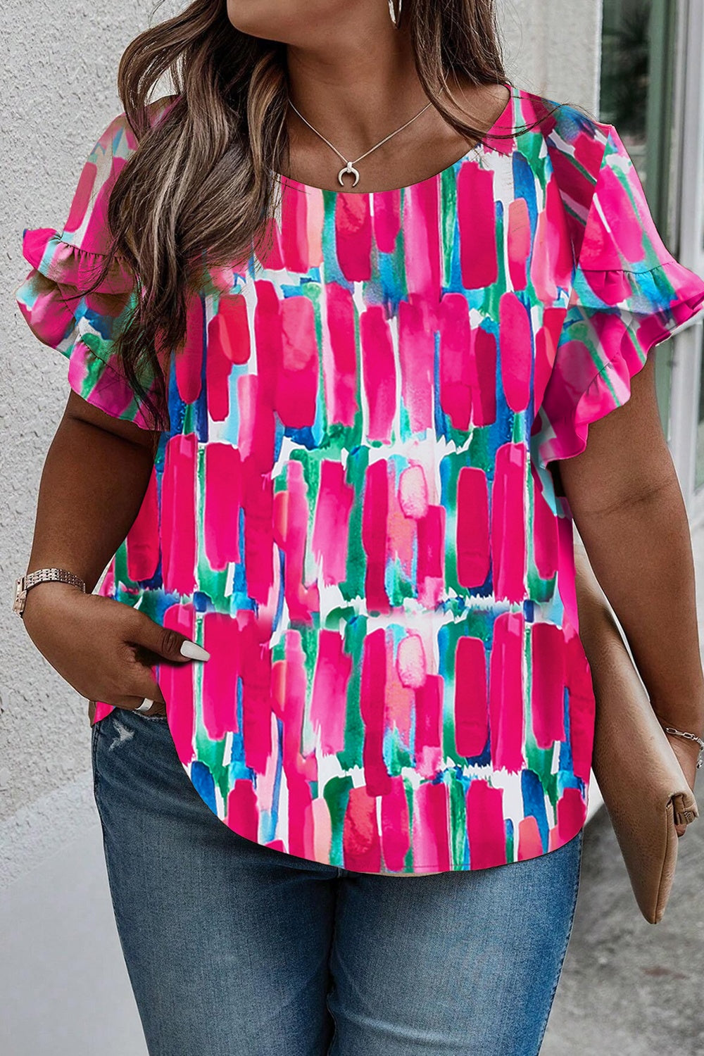 Plus Size Printed Round Neck Petal Sleeve Blouse Hot Pink