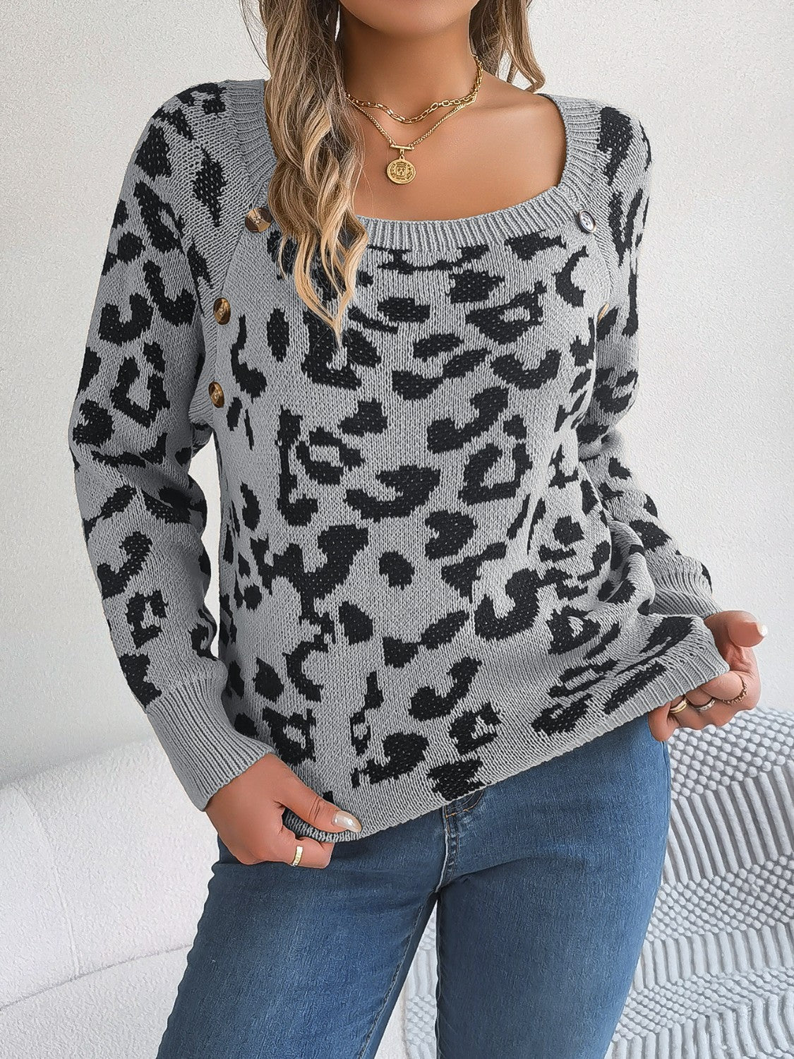 Leopard Buttoned Square Neck Sweater Charcoal