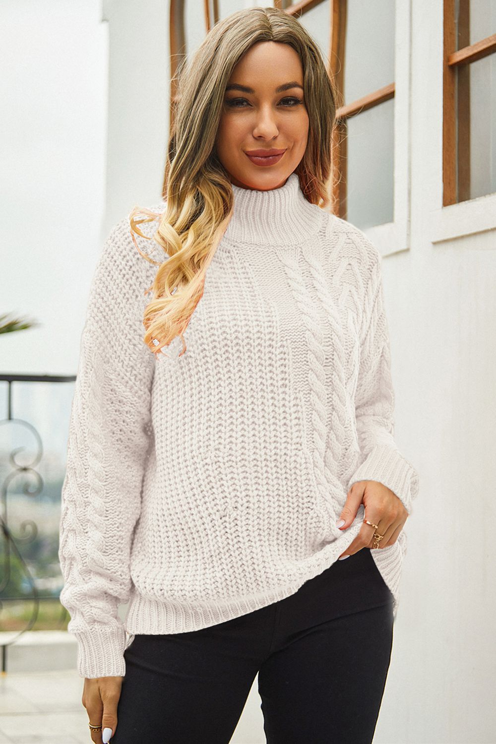 Cable-Knit Turtle Neck Long Sleeve Sweater Beige