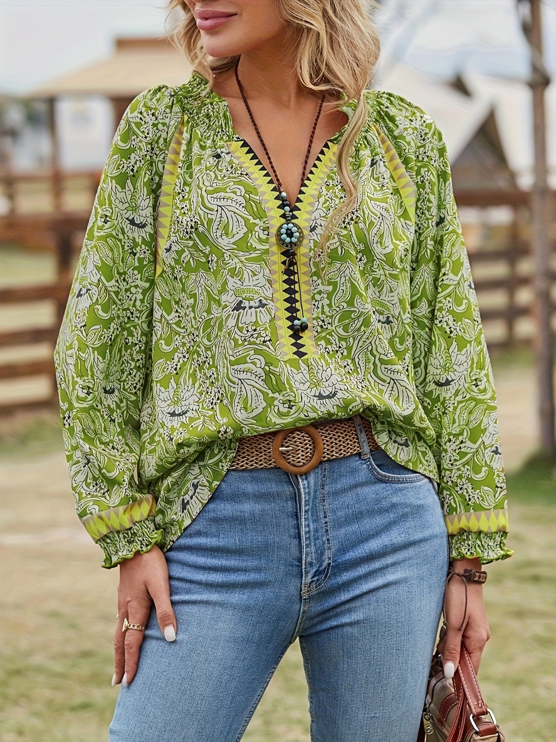 Full Size Printed Notched Long Sleeve Blouse - Thandynie