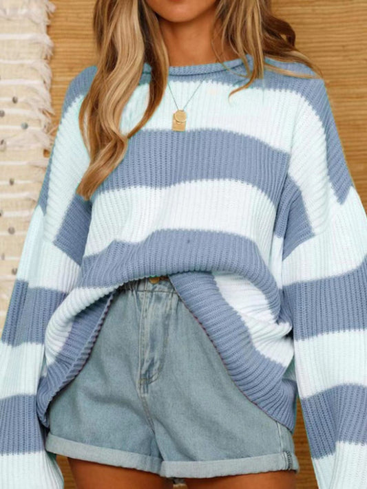 Round Neck Long Sleeve Sweater Light Blue