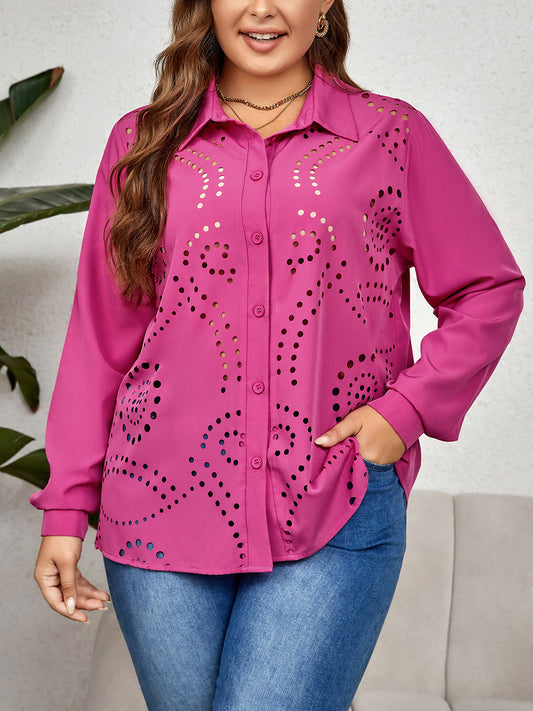Plus Size Openwork Collared Neck Long Sleeve Shirt Hot Pink