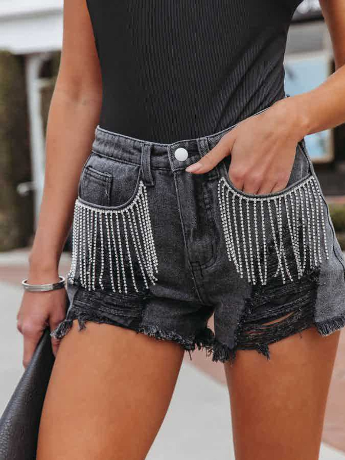 Distressed Fringe Denim Shorts with Pockets Black
