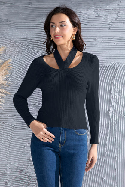 Halter Neck Long Sleeve Sweater Black