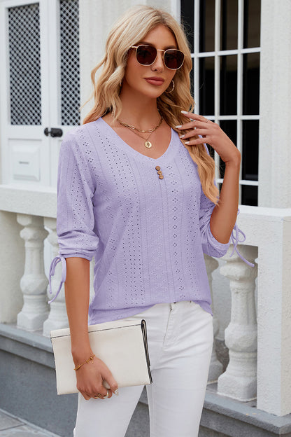 Eyelet Drawstring V-Neck Half Sleeve T-Shirt Lavender