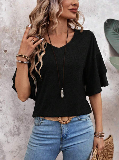 V-Neck Half Sleeve Blouse Black