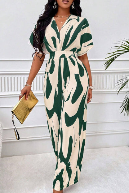 Printed V-Neck Short Sleeve Wide Leg Jumpsuit Dark Green