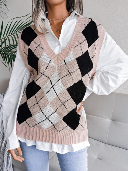 Plaid V-Neck Sweater Vest Dusty Pink