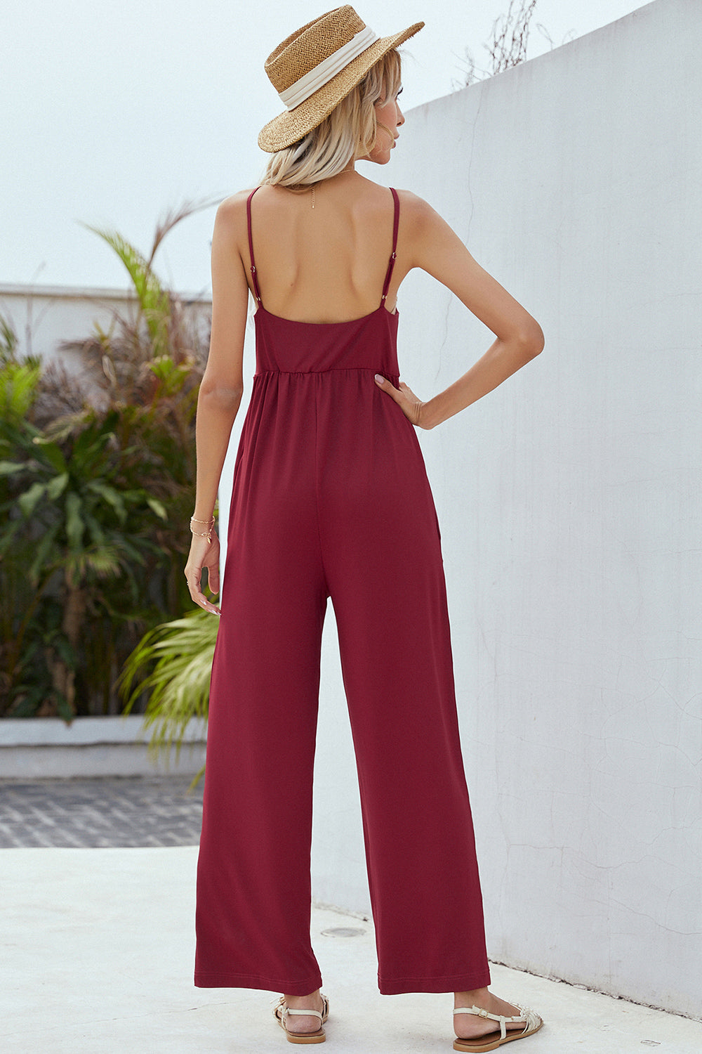 V-Neck Spaghetti Strap Wide Leg Jumpsuit - Thandynie