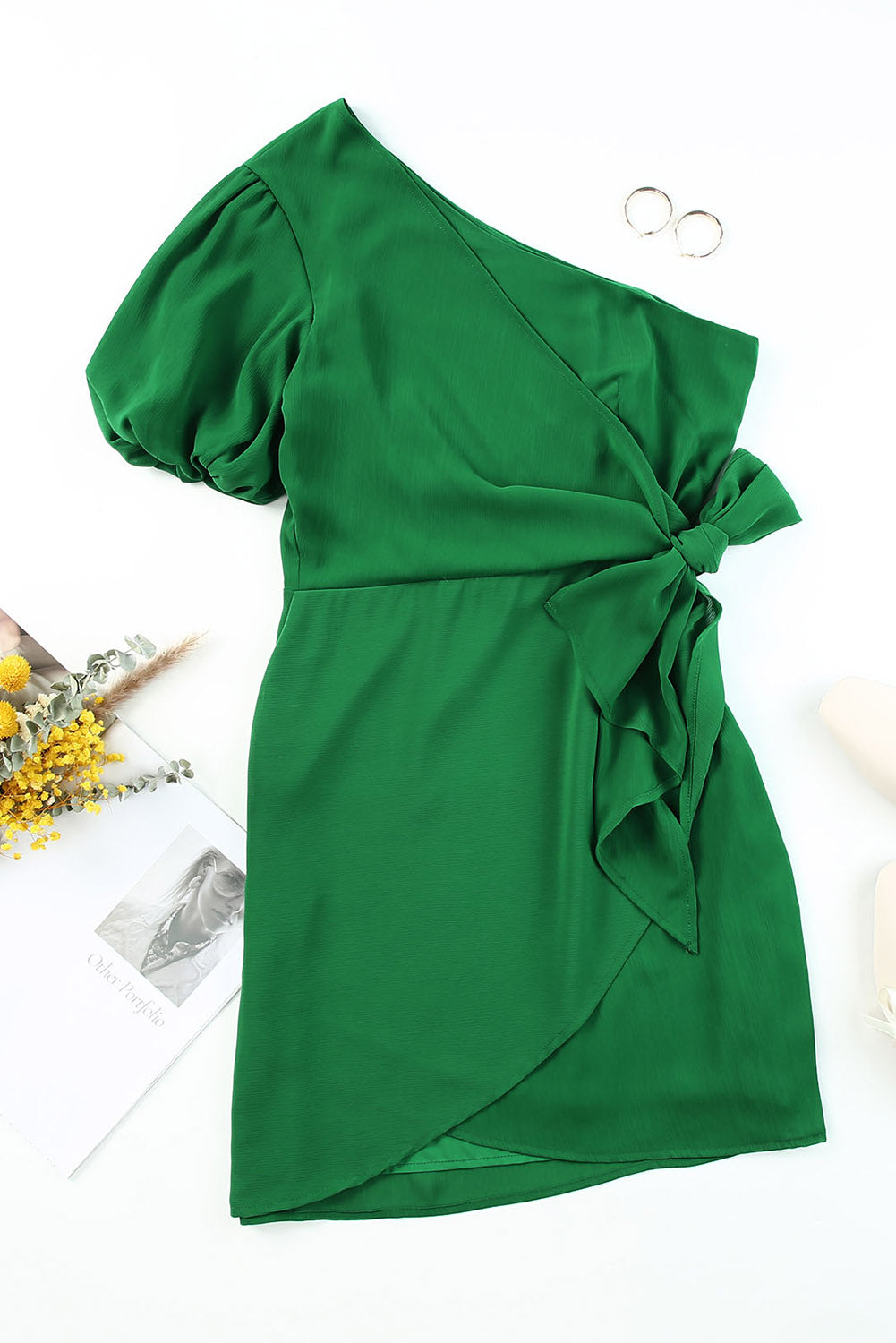 Tied One-Shoulder Puff Sleeve Dress Green