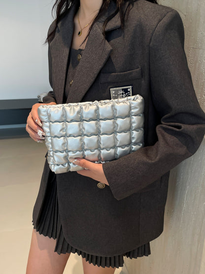 Quilted Plaid Clutch with Zipper Silver One Size