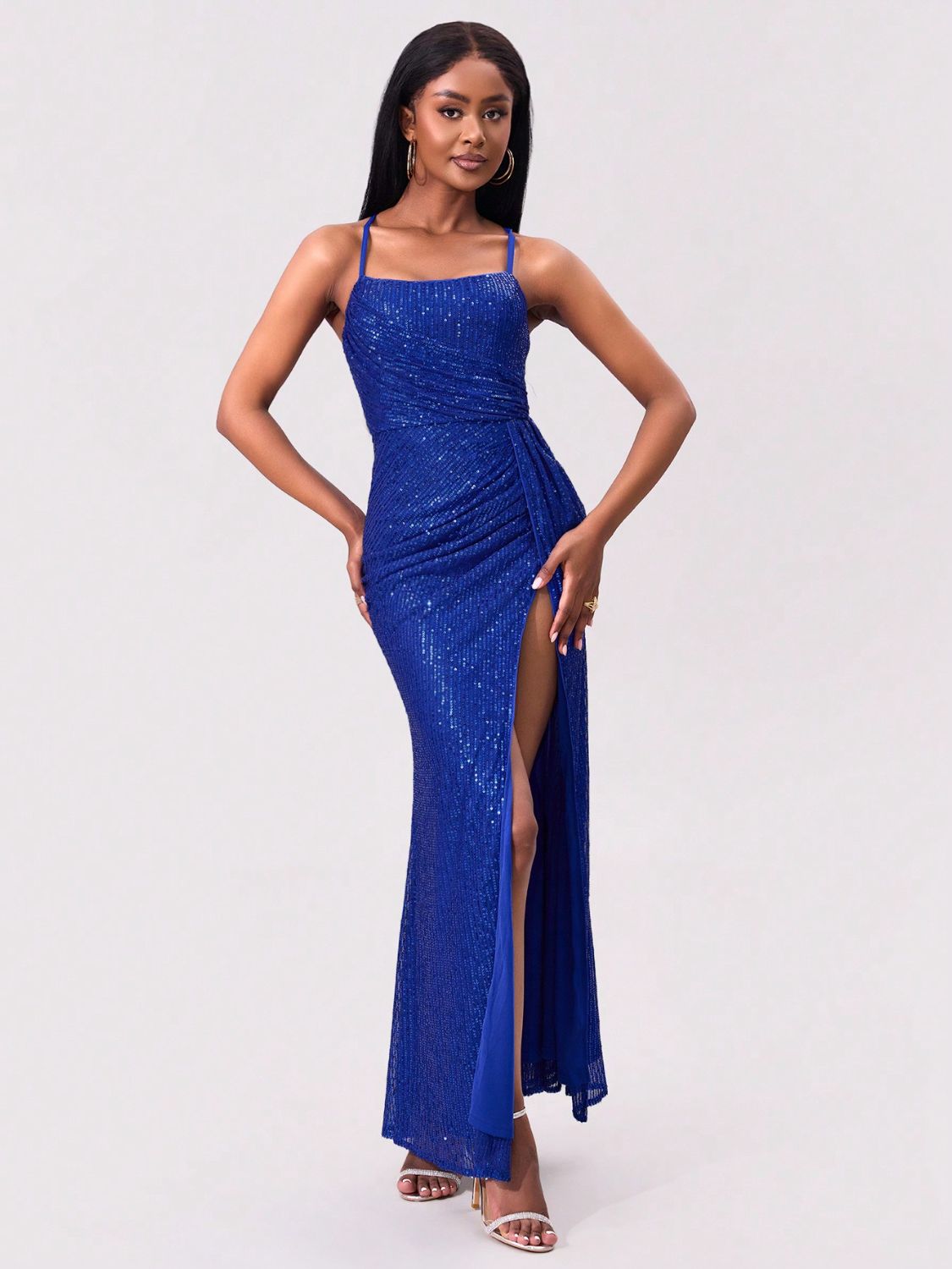 Slit Sequin Square Neck Spaghetti Strap Dress Royal Blue