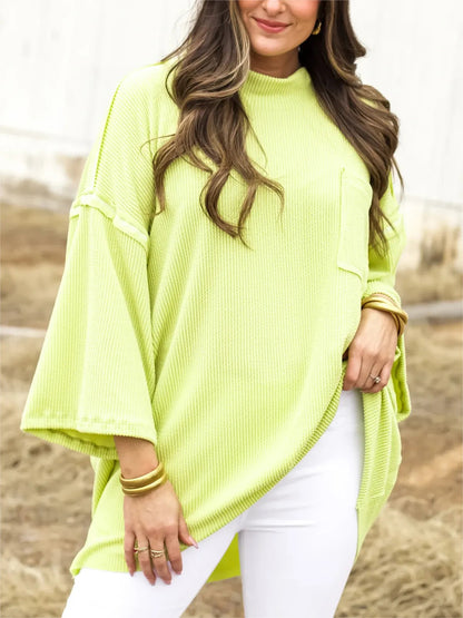 Mock Neck Dropped Shoulder T-Shirt Fluorescent yellow