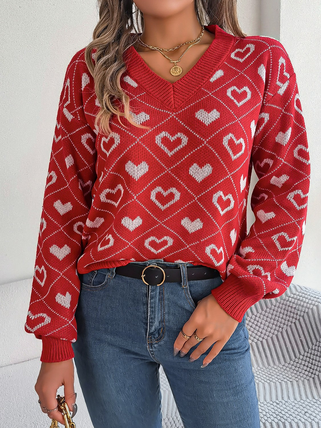 Heart Pattern V-Neck Long Sleeve Sweater Deep Red