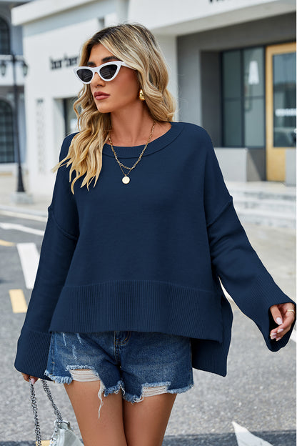 High-Low Slit Round Neck Long Sleeve Sweater Navy