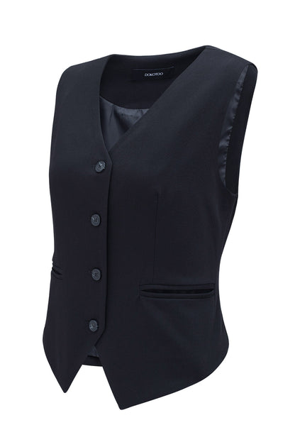 Black Solid Color Button up V Neck Suit Vest