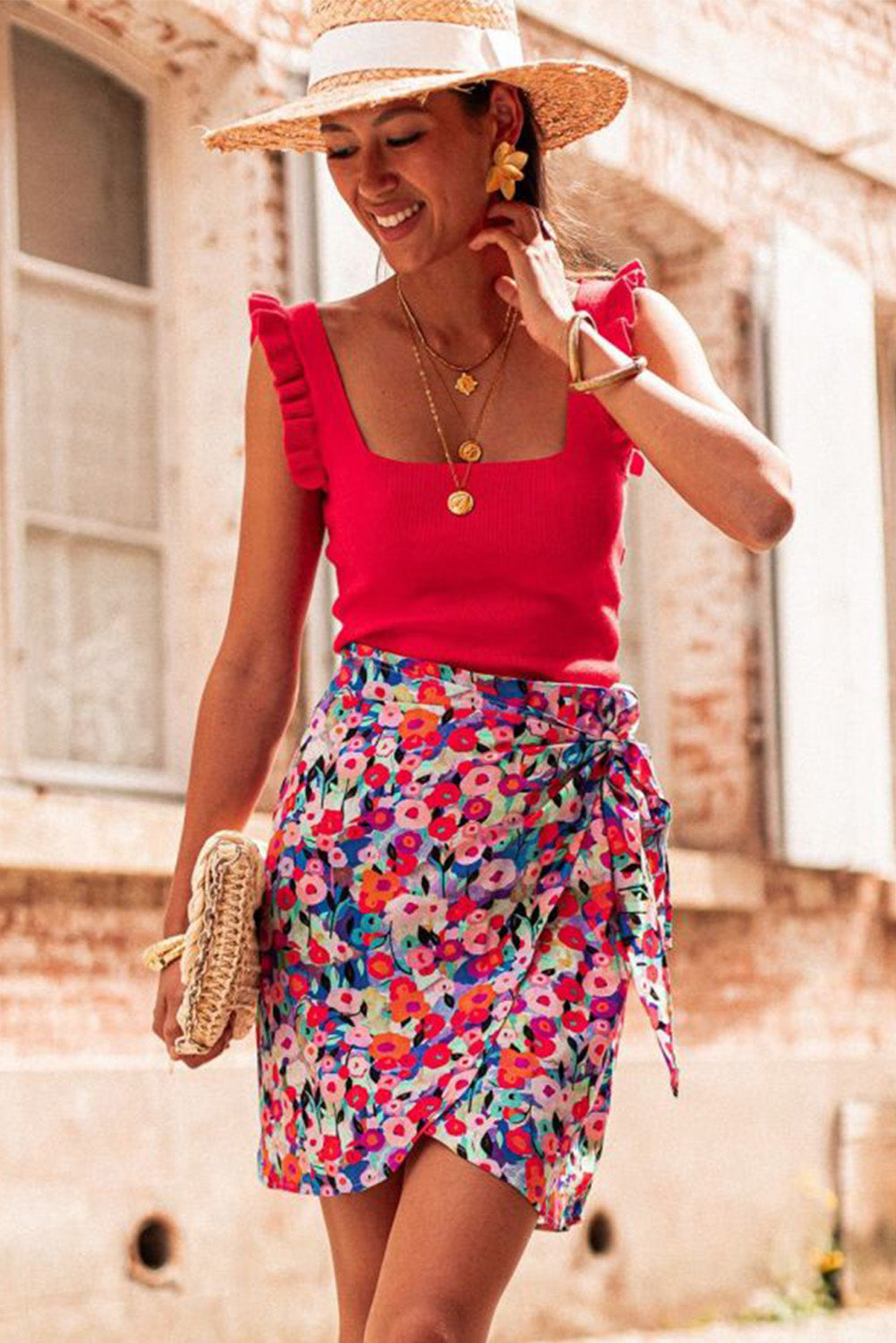 Red Floral Wrapped Lace up Mini Skirt