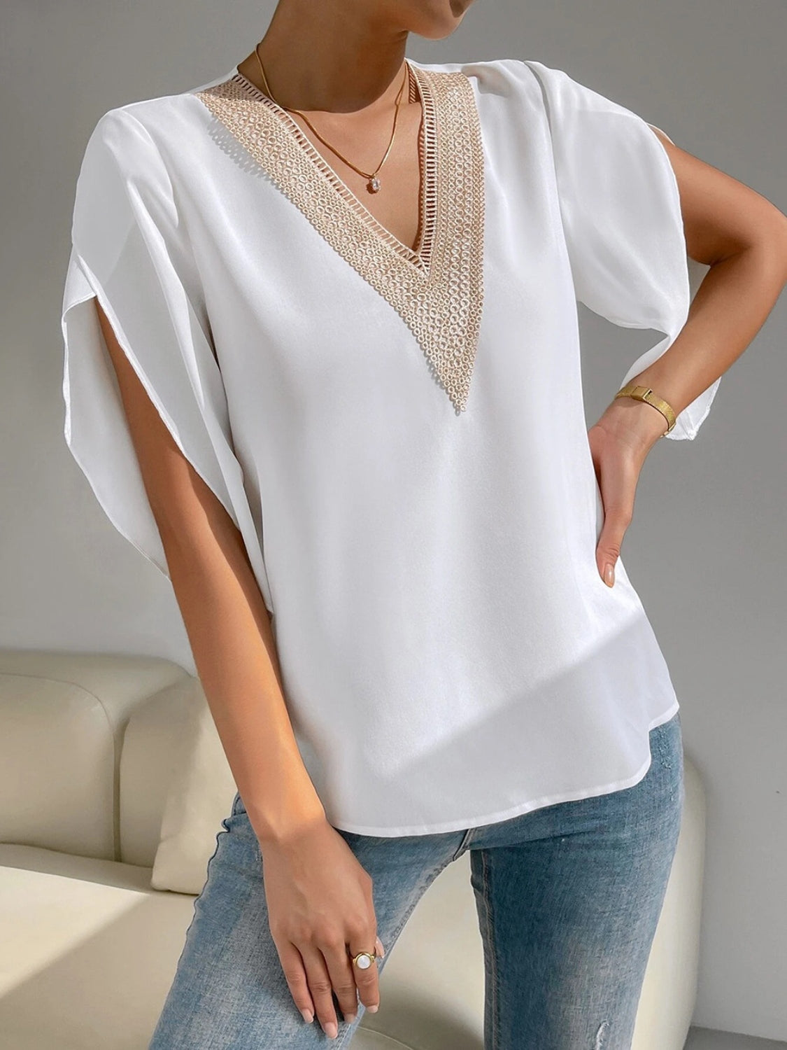 V-Neck Short Sleeve Blouse Beige