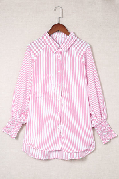 Pink Smocked Cuffed Striped Boyfriend Shirt with Pocket