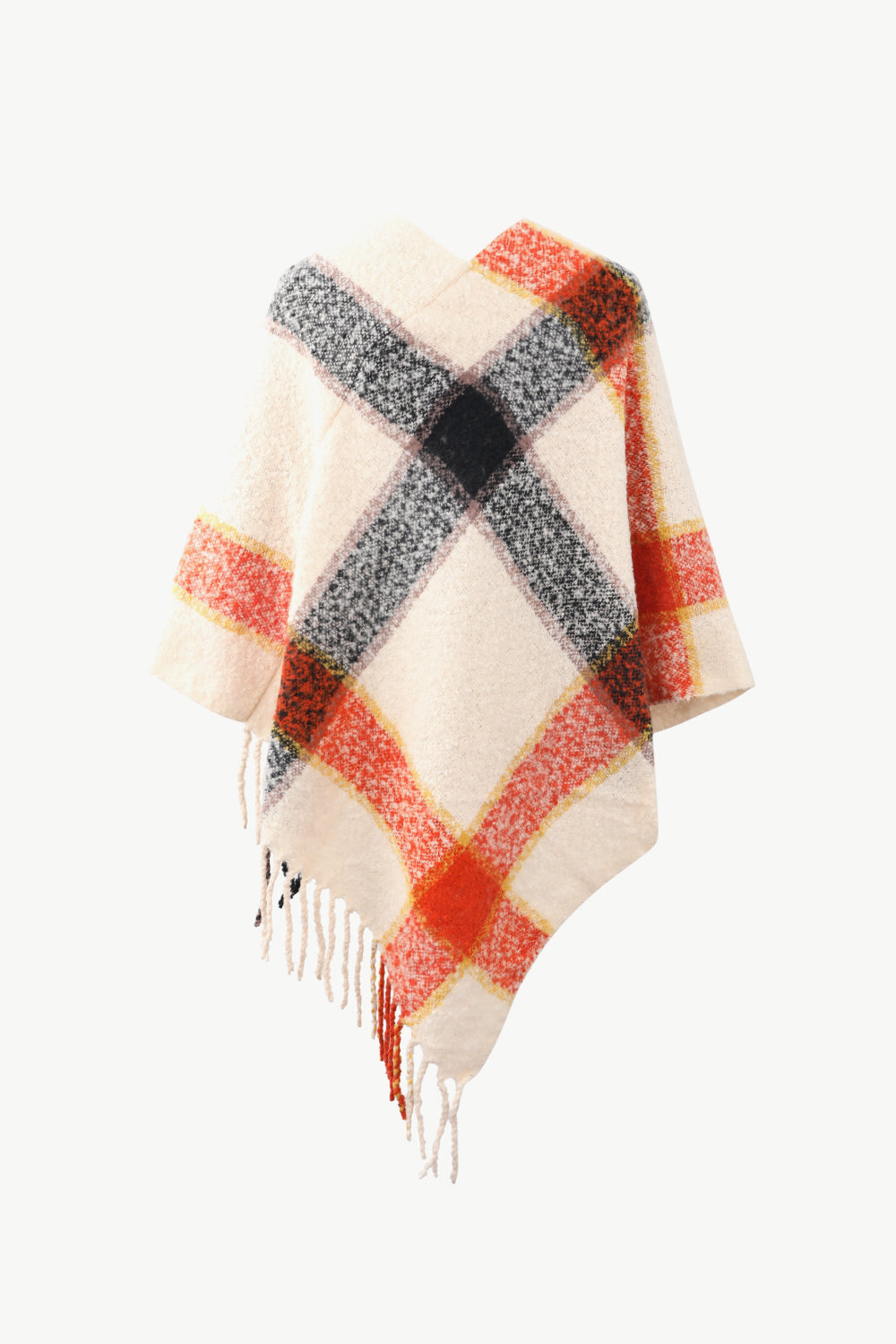 Plaid Fringe Detail Poncho - Thandynie