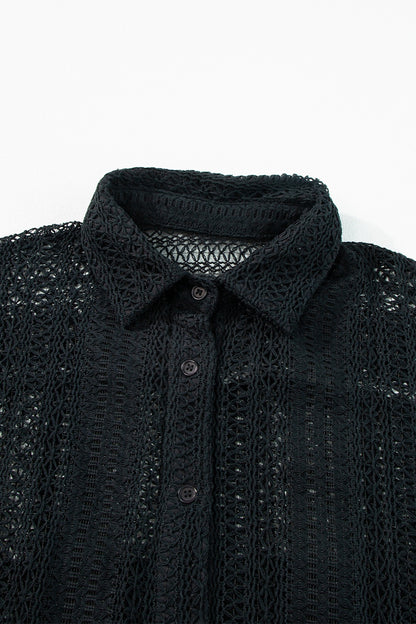 Openwork Collared Neck Long Sleeve Shirt