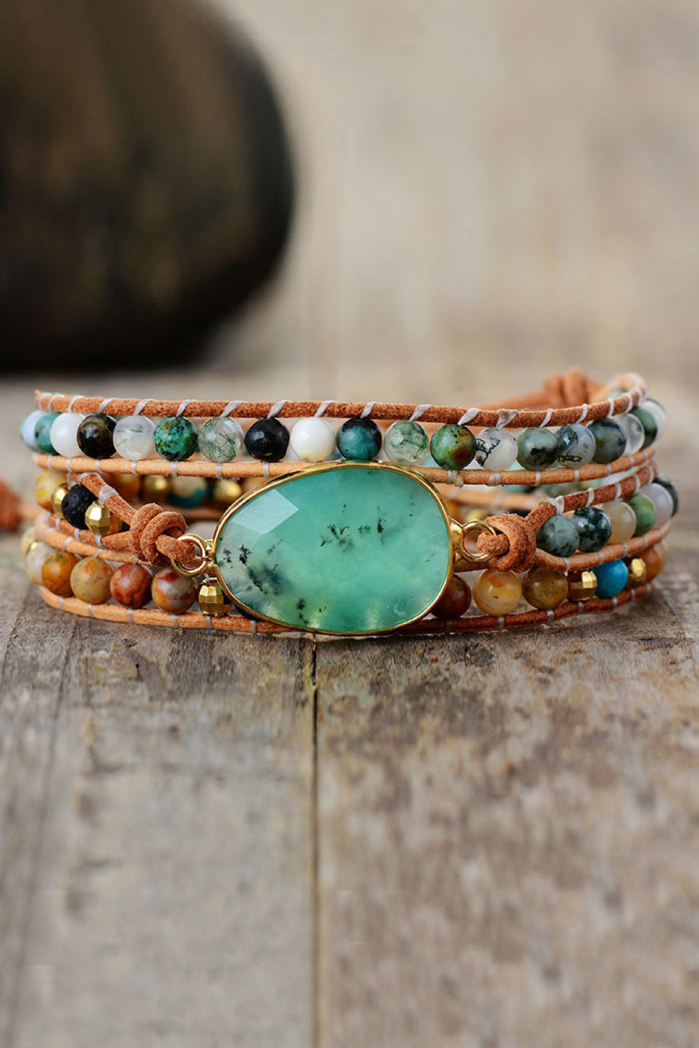 Natural Stone & Agate Layered Bracelet Light Green One Size