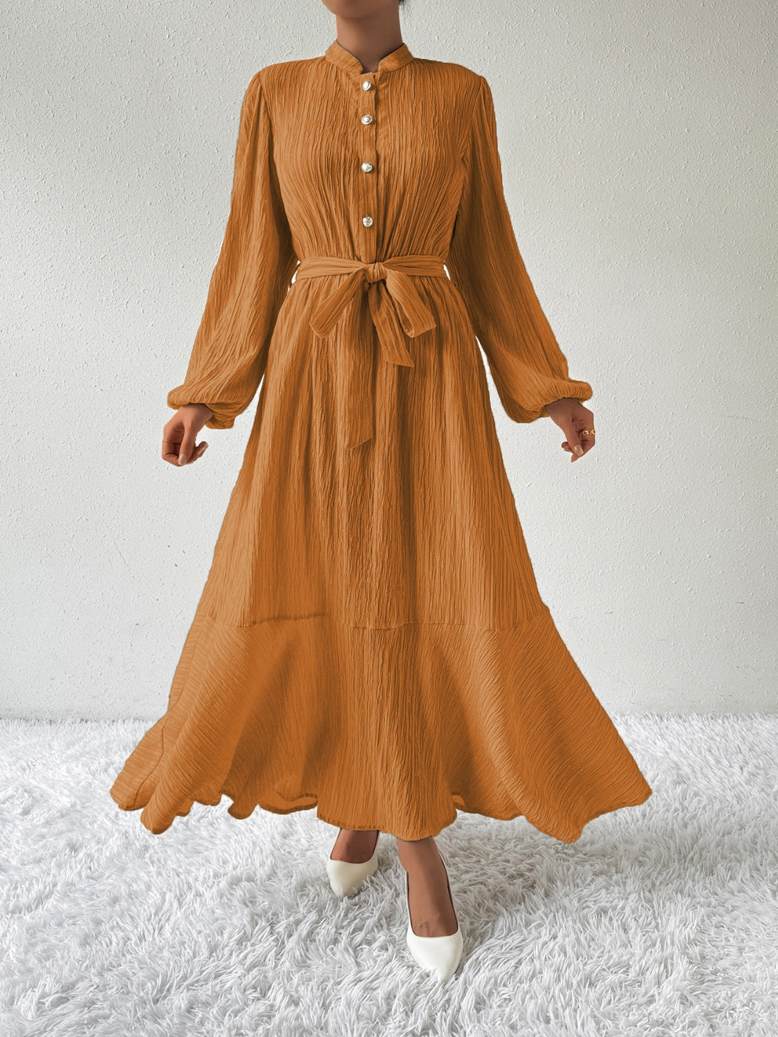 Tie Waist Long Sleeve Dress - Thandynie