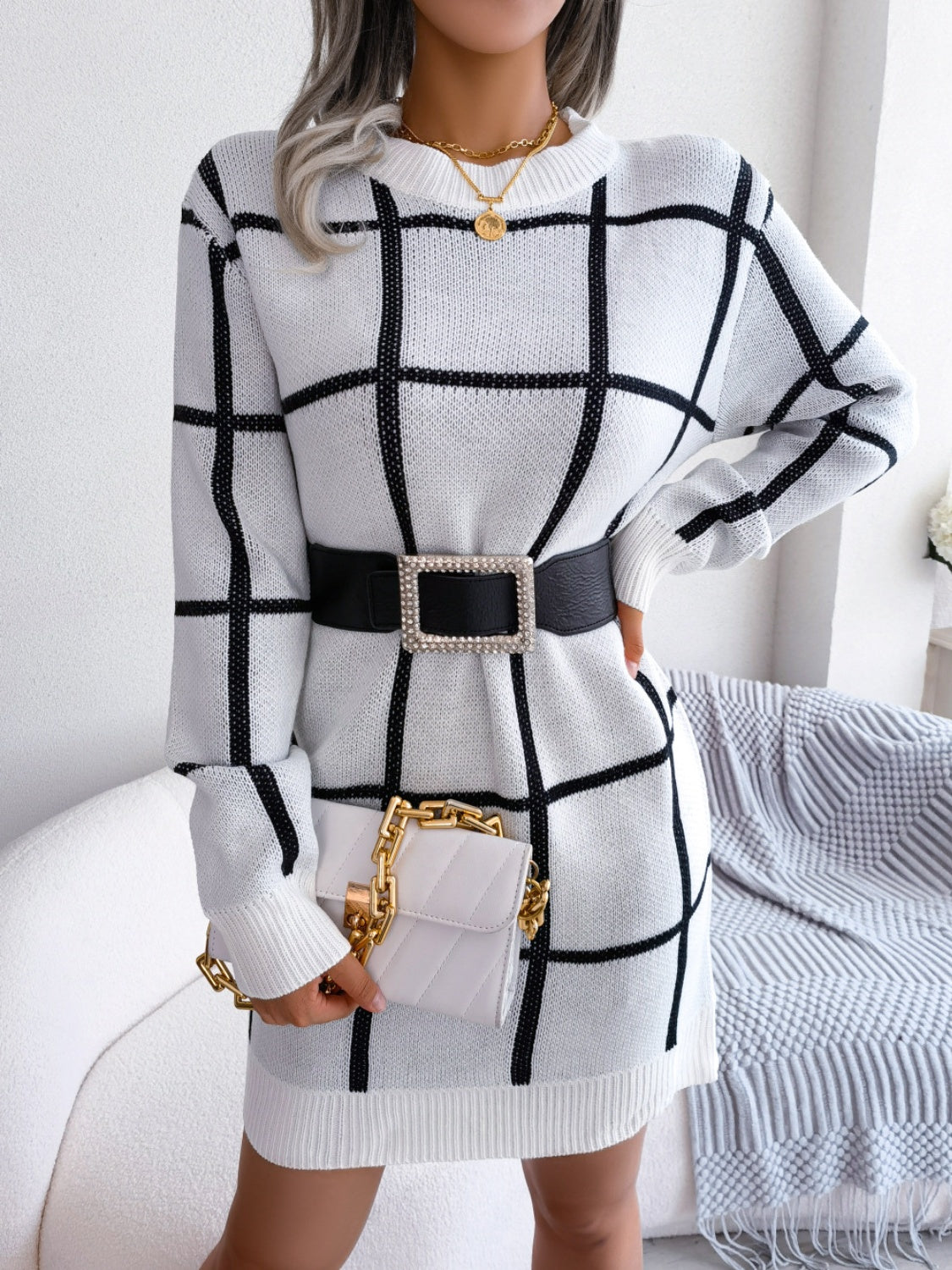 Plaid Round Neck Dropped Shoulder Sweater Dress White