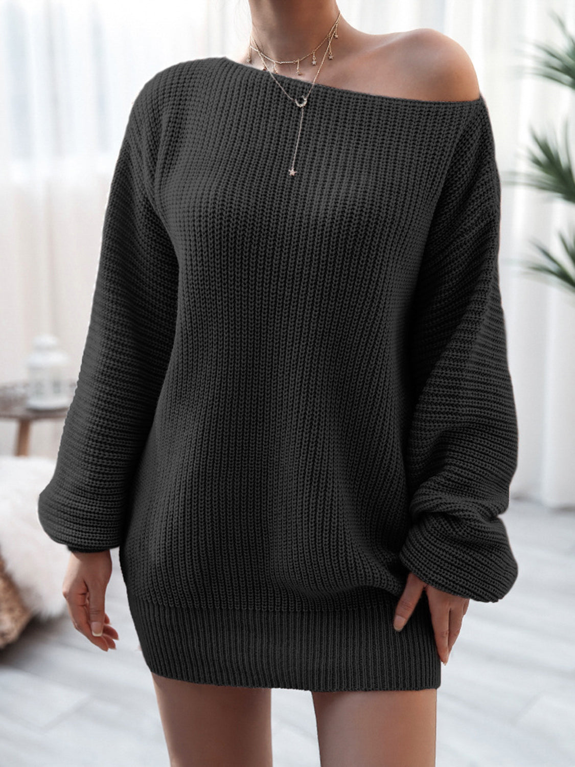 Rib-Knit Mini Sweater Dress with Stretch