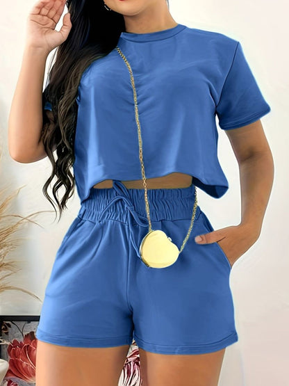 Full Size Round Neck Short Sleeve Top and Shorts Set Blue