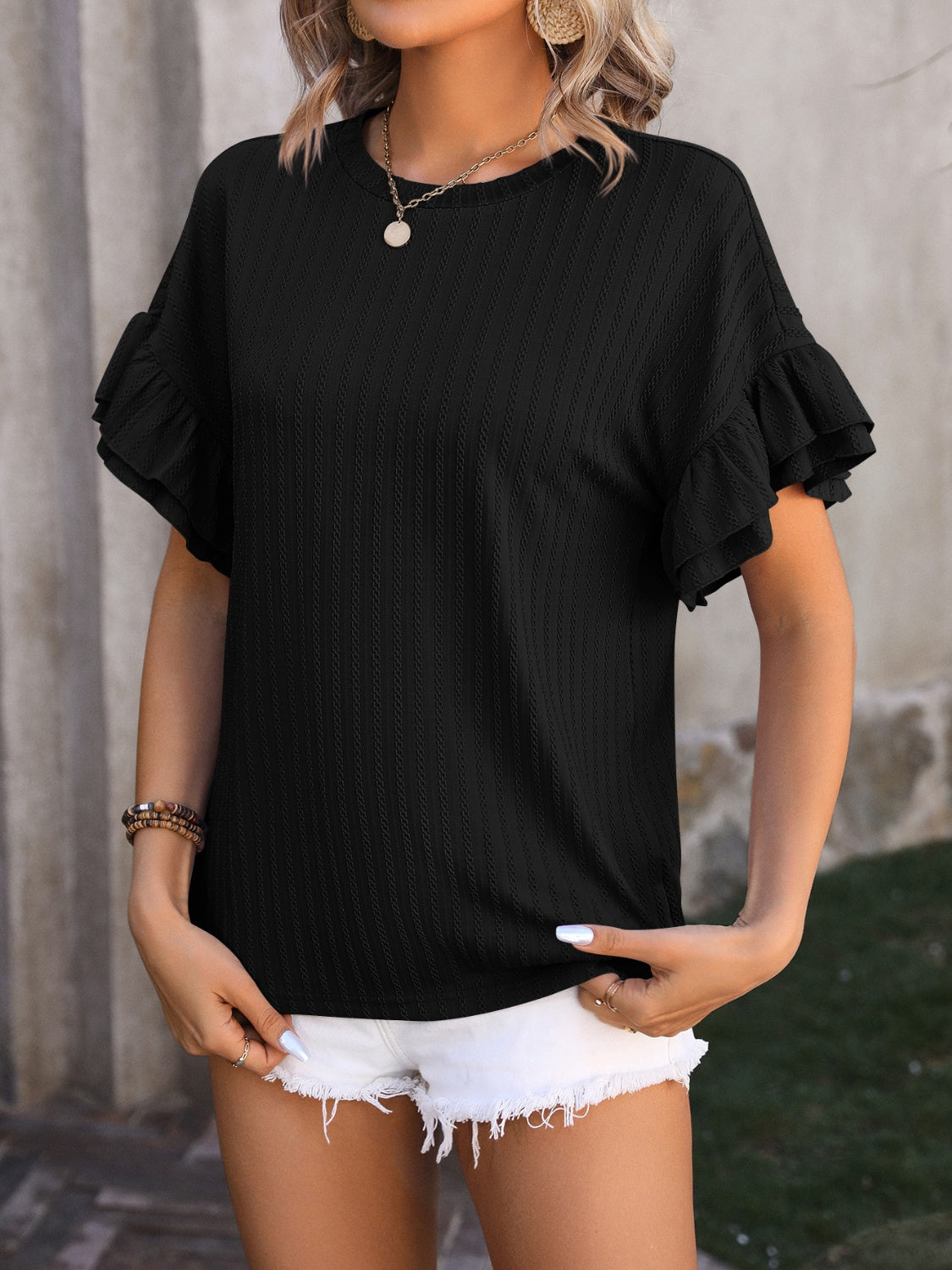 Ruffled Round Neck Short Sleeve Blouse Black