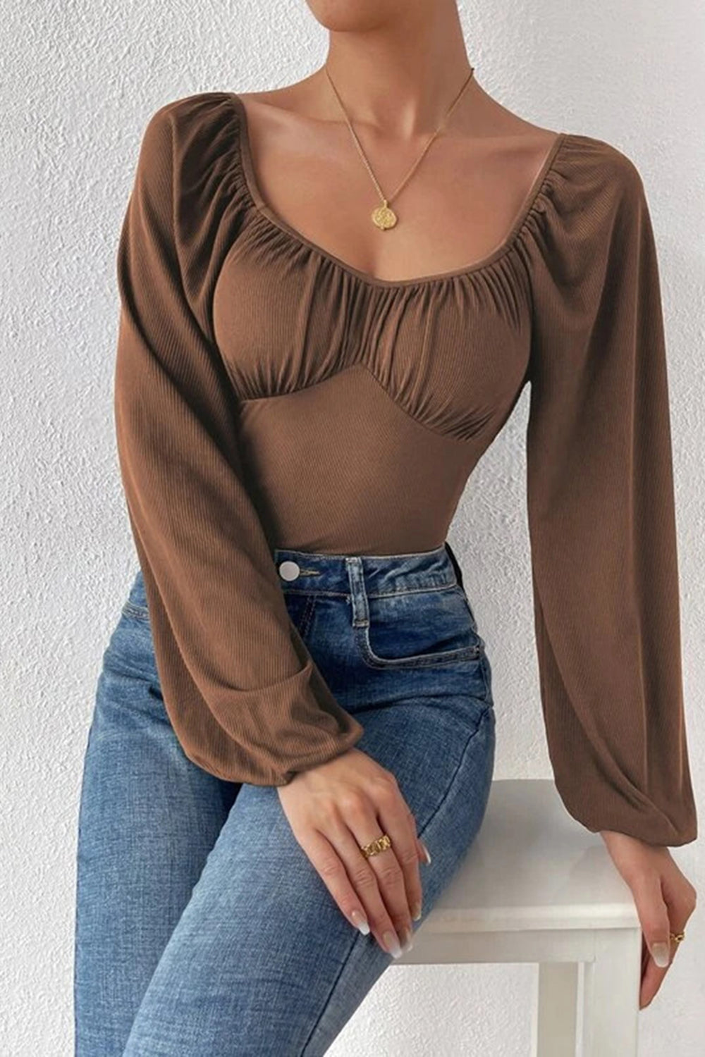 Ruched Balloon Sleeve Bodysuit - Thandynie